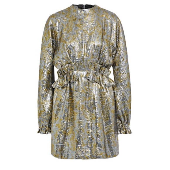 Dries Van Noten Dresses & Skirts - DRIES VAN NOTEN Ruffle Trimmed Metallic Silk Blend Brocade Dress NEW Silver Gold